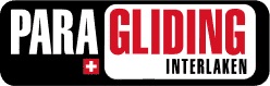 Logo von Paragliding Interlaken, weißer Text auf schwarzem Hintergrund, roter Akzent auf GLIDING, Schweizer Kreuz.