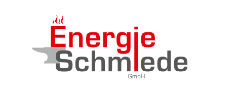 Logo der Energie Schmiede GmbH mit einem Ambossmotiv und roten Flammen über dem Schriftzug Energie.